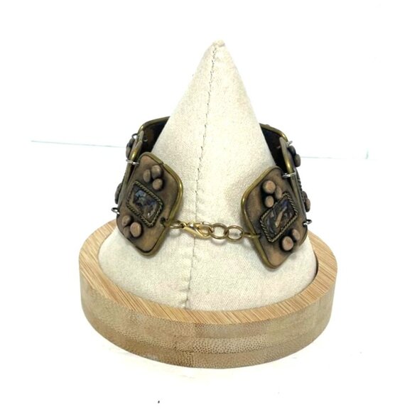 Custom Brass & Polymer Clay Square Link Adjustable Bracelet 7" L Unique Design - Picture 5 of 7